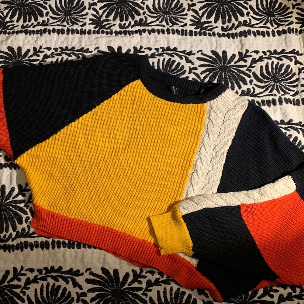 Cropped color block bat wing knit sweater